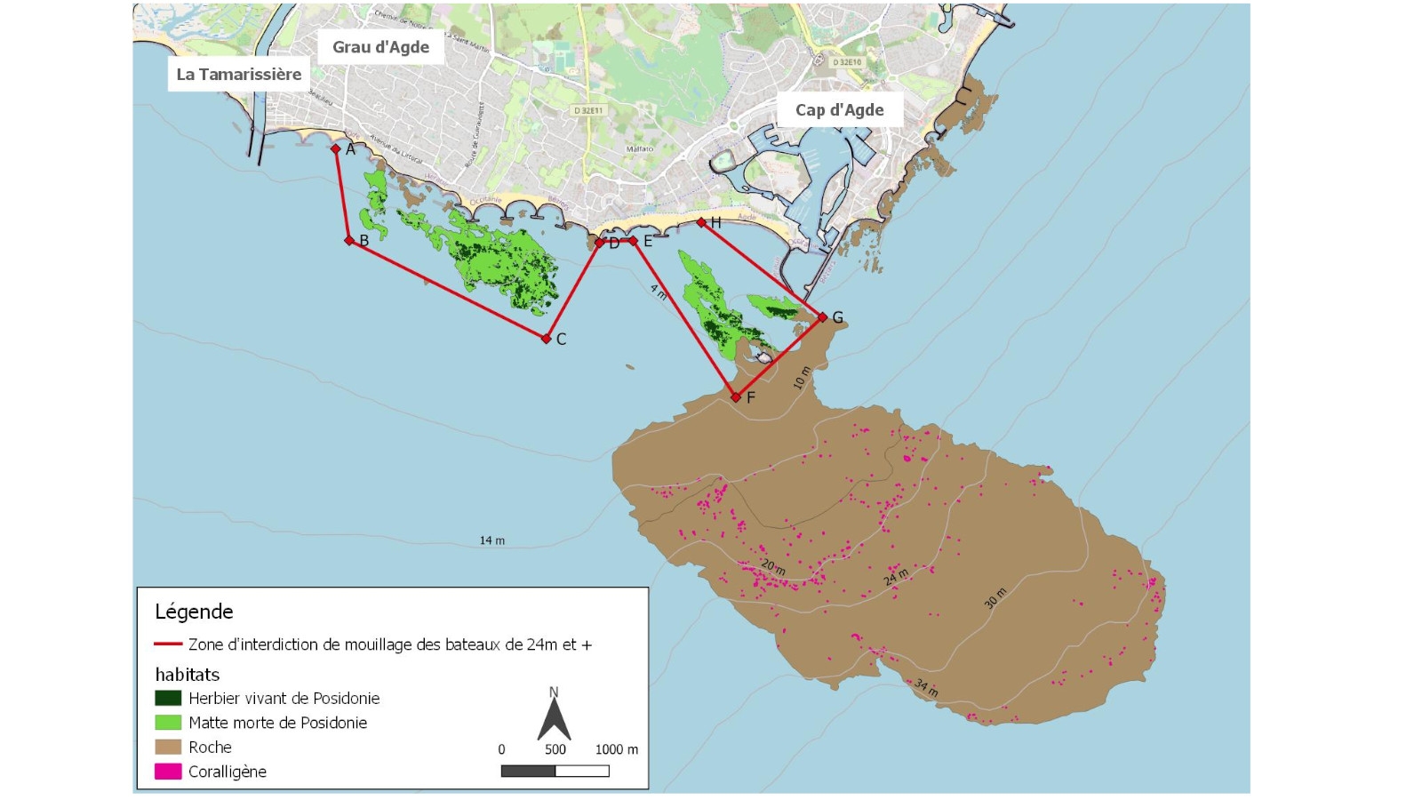 Carte délimitant les zones d'interdiction de mouillage des navires de 24m et plus