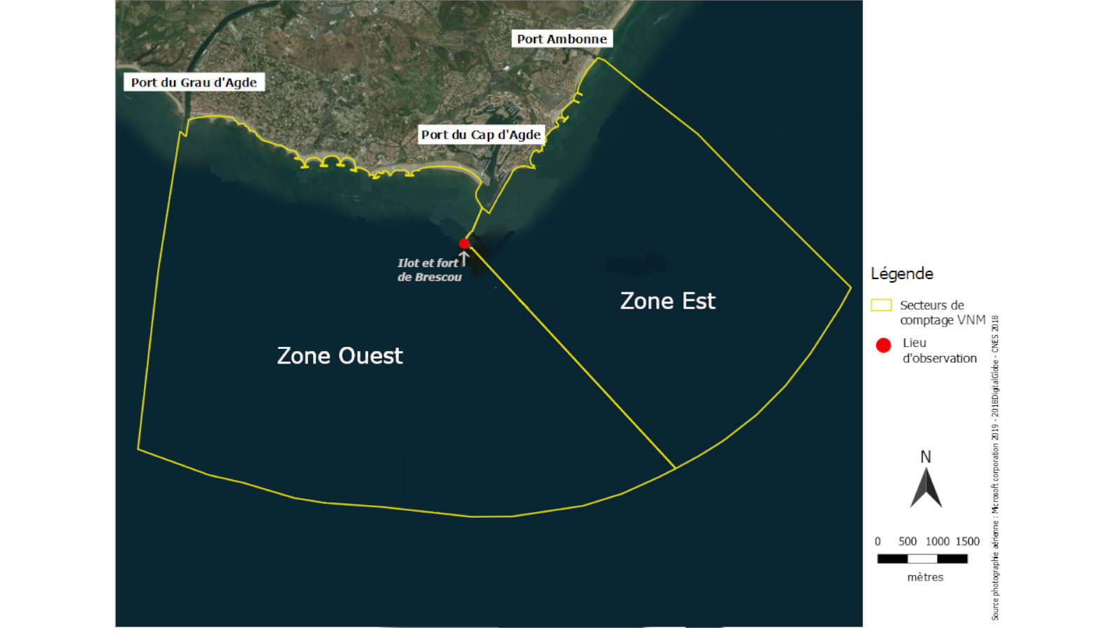 Secteurs pour le comptage des jet-skis (VNM) et des voiliers en navigation