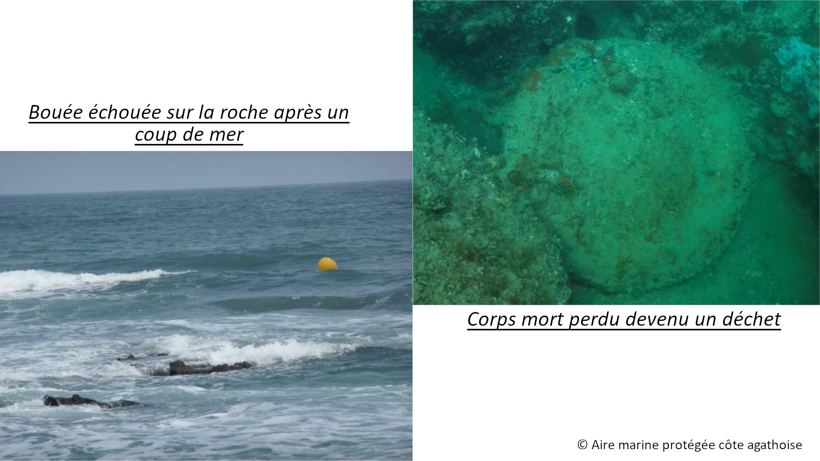 Impact du dispositif après un coup de mer. A gauche, bouée échouée et à droite corps mort perdu devenu un déchet
