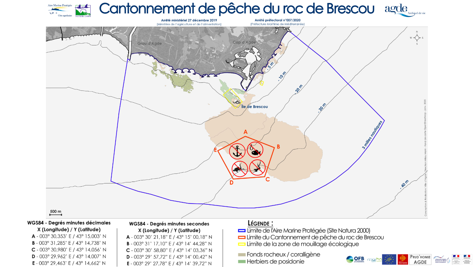 Délimitations et coordonnées du cantonnement de pêche du roc de Brescou